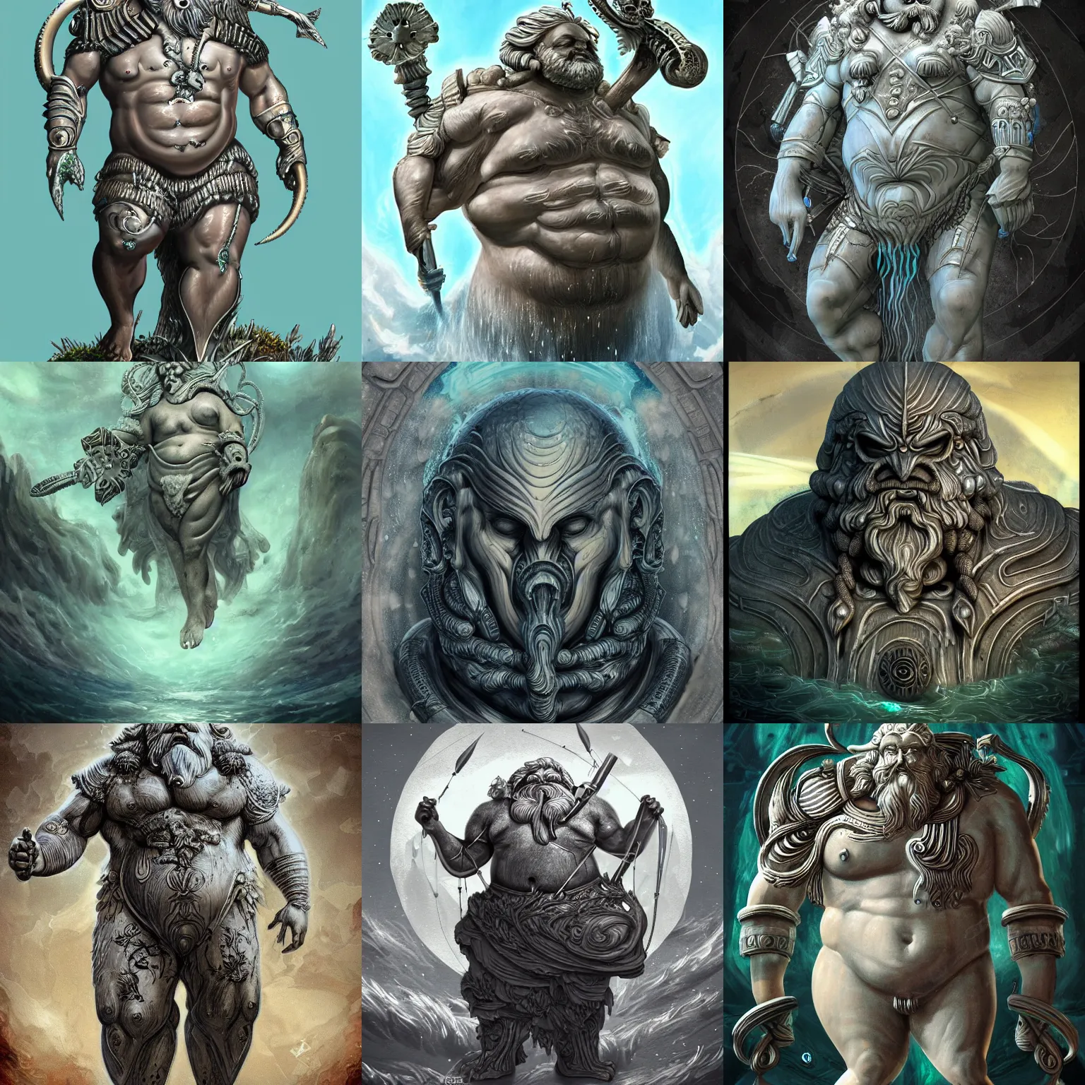 Prompt: fat greek god poseidon with white beard in ancient alien flora and fauna ocean sci-fi armor, giger style, stylized, highly detailed, trending on artstation, award winning