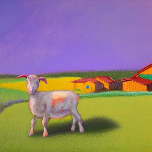 Prompt: expressionist painting of beautiful farm, baby goats in yard, epic scale, top lighting, pastel shades, wax texture, loose brush strokes, stunning, 8 k