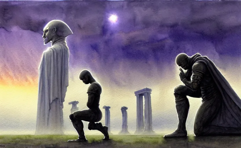 Image similar to a hyperrealist watercolour character concept art portrait of a grey medieval monk kneeling down in prayer in front of a tall grey alien on a misty night in stone henge. a battlecruiser starship is in the background. by rebecca guay, michael kaluta, charles vess and jean moebius giraud