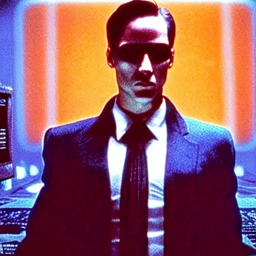 Prompt: prairie dog hacker in a blue-lit room surrounded by computers, still image from movie The Matrix