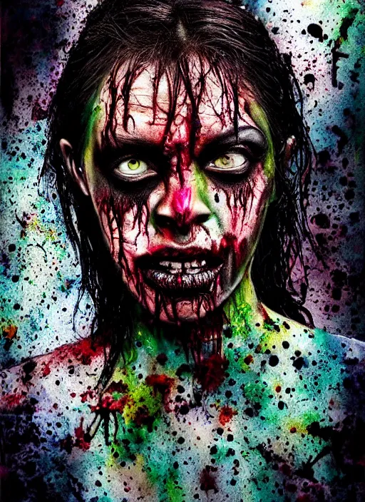 Image similar to black zombie hollywood artwork professional acting headshot, hyperrealism, intricate detail, studio lighting, charming expression gesicht, hauntingly beautiful zombie, watercolor art, epic, legendary, drawn and painted, colored layers, dulled contrast, exquisite fine art, splatterpaint