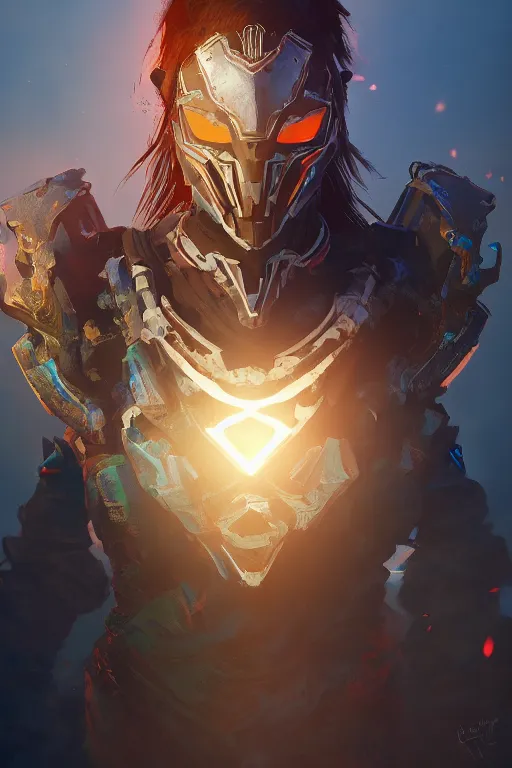 Image similar to combination suit armor aloy horizon forbidden west horizon zero dawn radiating a glowing aura global illumination ray tracing hdr fanart arstation by ian pesty and alena aenami artworks in 4 k tribal robot ninja mask helmet backpack