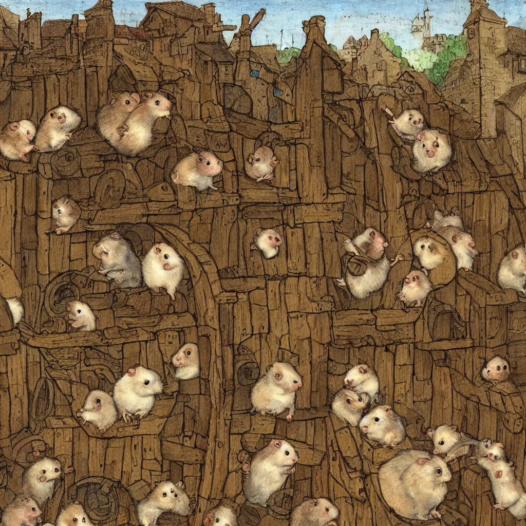 Image similar to a hamster in a medieval stockade, in the town square, crowd of angry hamsters surrounding, 1 2 th century europe theme