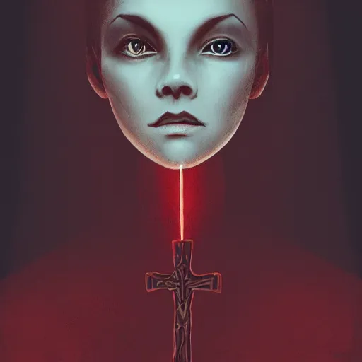 Image similar to shameless woman whis impudent facial expression, shadow of catholic church cross, elegant, dark and mysterious, atmospheric, red, trending on artstation, highly detailed, digital painting, volumetric light, concept art, middle focus, illustration