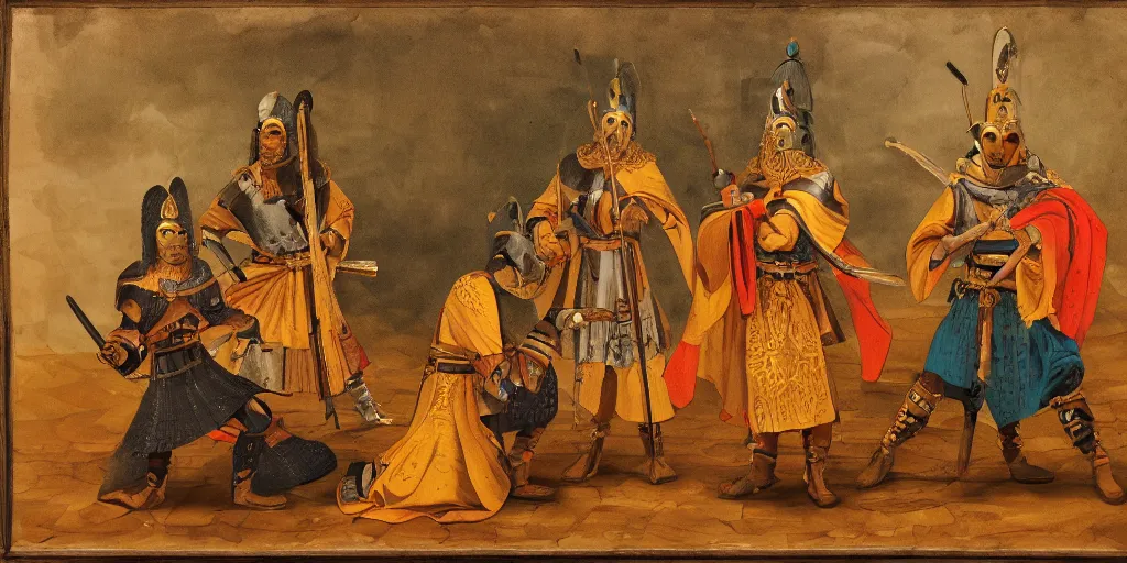 Image similar to Detailed painting of three warriors gathered around a large wooden table. They wear golden cloaks;