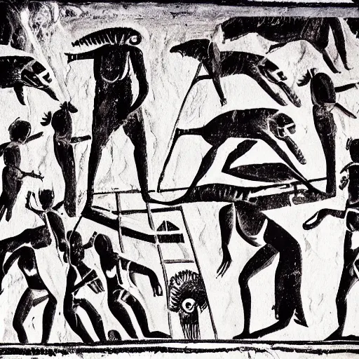 Image similar to cave painting of aliens building the pyramids