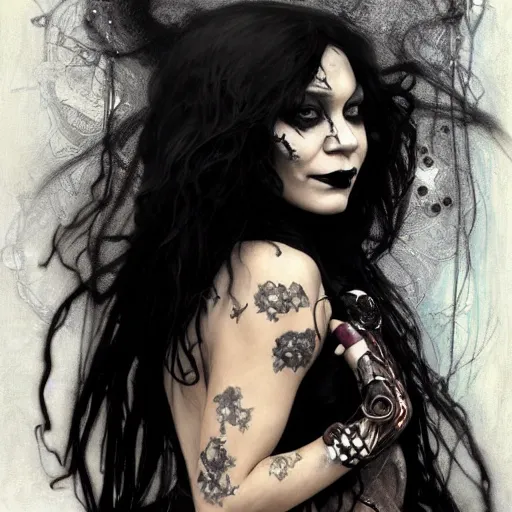 Image similar to beautiful portrait of vanessa hudgens as death from sandman, smiling, by cedric peyravernay, alphonse mucha, by jeremy mann, by lecouffe deharme, goth chic, soft lightning, eyeliner, punk rock, high detailed, 8 k