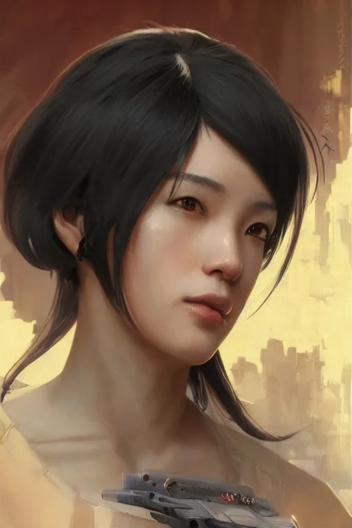 Prompt: science-fiction character portrait of Nakamura Aya, black hair cut in a bob, perfect facial features, highly detailed, digital painting, artstation, upper body, concept art, smooth, sharp focus, illustration, art by artgerm and greg rutkowski and alphonse mucha