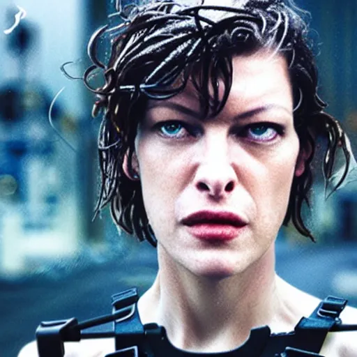 Prompt: cinestill 5 0 d candid photographic portrait by stanley kubrick of milla jovovich wearing rugged black mesh techwear in treacherous waters, flooded city, medium closeup, retrofuturism cyberpunk moody emotional cinematic, pouring iridescent rain, 8 k, hd, high resolution, 3 5 mm, f / 3 2, ultra realistic face, ex machina