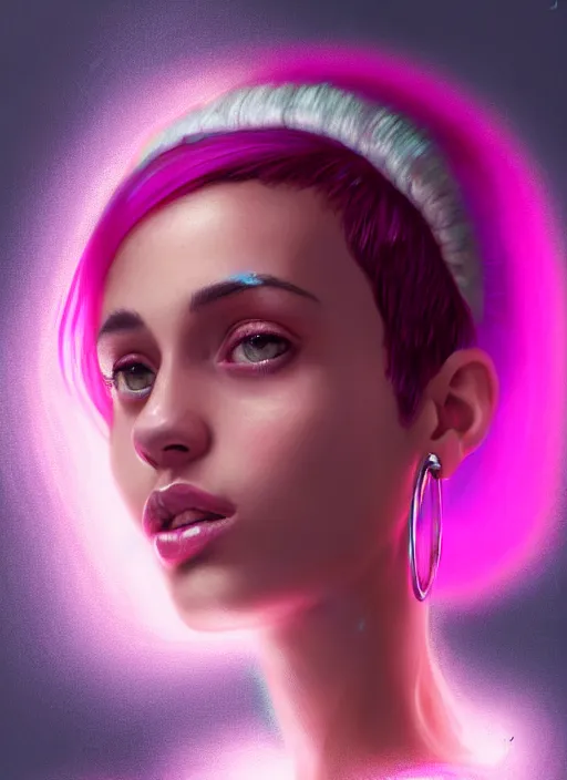 Image similar to portrait of teenage vanessa morgan with bright pink hair, curly pixie cut hair, wearing a purple breton cap, breton cap, hoop earrings, intricate, elegant, glowing lights, highly detailed, digital painting, artstation, concept art, smooth, sharp focus, illustration, art by wlop, mars ravelo and greg rutkowski