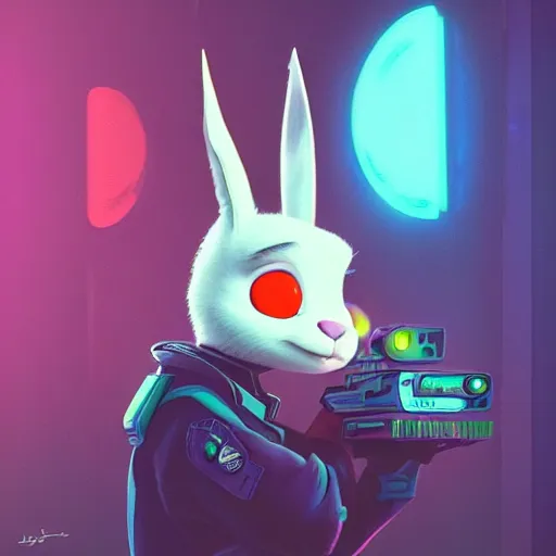 Image similar to super cute cyberpunk bunny, a carrot, pixar, zootopia, cgi, blade runner. trending on artstation