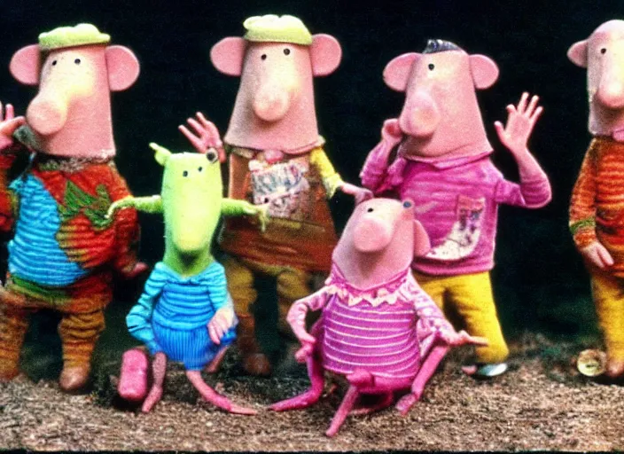 Image similar to a scene from a 1 9 7 0 s british kids tv programme by the bbc and oliver postgate, stop motion animation, the clangers, vhs distortion, folk horror