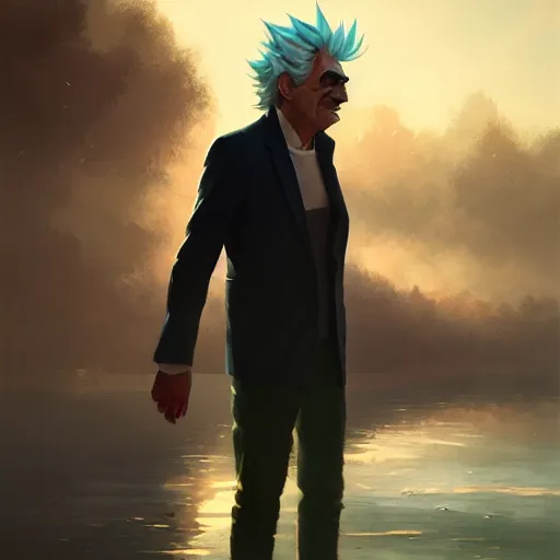 Prompt: rick sanchez portrait, dramatic light, lake background, 2 0 0 mm focal length, painted by stanley lau, painted by greg rutkowski, painted by stanley artgerm, digital art, trending on artstation