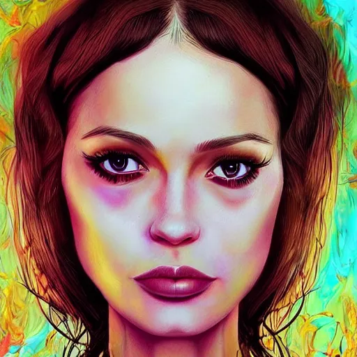 Prompt: Beautiful portrait of a cute girl, mix of Anna Karina, grimes, Lana Del Rey, in the style of Alex grey, Summer Glau, Lana Del Rey trending on ArtStation