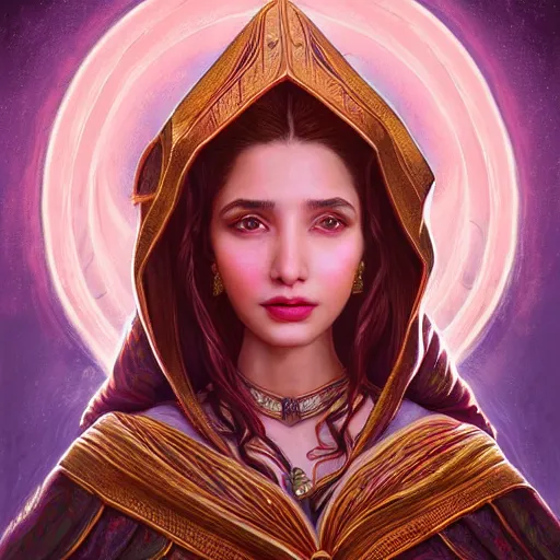 Prompt: head-on symmetrical centered painted portrait, Mahira Khan as a D&D wizard, amber robe, fantasy, intricate, elegant, highly detailed, digital painting, smooth, sharp focus, illustration, artstation, in the style of Artgerm and Anna Podedworna and Alex Ross