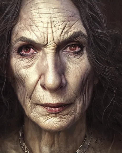 Prompt: Portrait of gal gadot as a wicked 100 year old witch, old wrinkled gal gadot by Tomasz Alen Kopera and greg rutkowski, glowing eyes, masterpiece