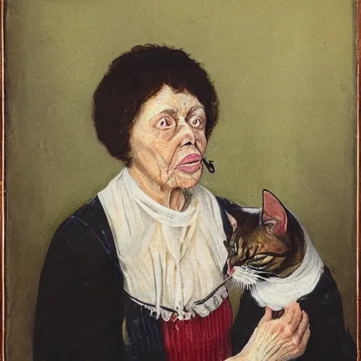 Prompt: an old woman swallowing a cat