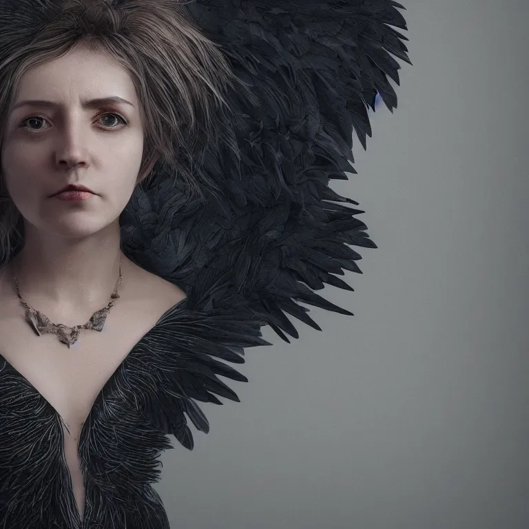 Image similar to hight focus of a wonderful realistic focused sweet wonderful symmetrical mid portrait in the center of image, of a lonely woman with a only a dress like a realistic black raven, dramatic light, octane render - 8 k