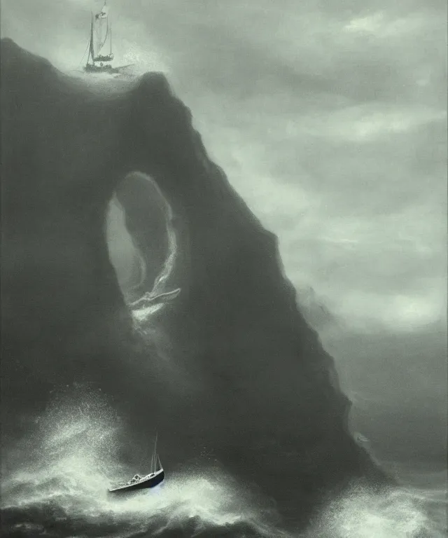 Image similar to realistic photo of a 1 9 2 5 seiner sailing near a tropical skull - shaped cliff with the mouth of a sea cave at the waterline, dark, brooding, atmospheric, lovecraft, horror, smooth, epic, highly detailed, cinematic, by richard corden