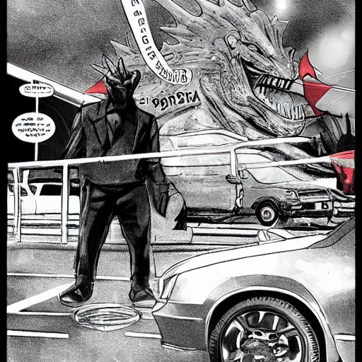 Image similar to godzilla vs obama in a wendy ’ s parking lot, photography, realistic, realism, photorealism, f 3. 5