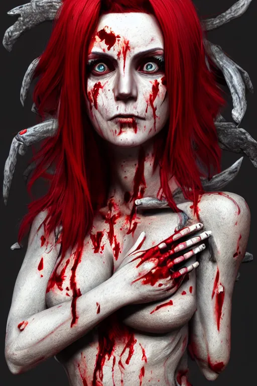 Image similar to woman skeleton covered with blood, jessica nigri face!!!, long red hair, ultra realistic, concept art, intricate details, highly detailed, photorealistic, octane render, 8 k, unreal engine. retro film still, heavy grain, 3 5 mm, art by artgerm and greg rutkowski and alphonse mucha