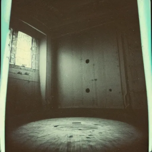 Prompt: a room with a large, circular infinite hole in the middle of the floor. scary, grotesque, old photo, polaroid