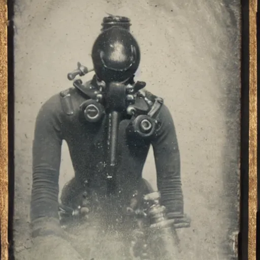 Prompt: tintype photo, antique diving suit swimming underwater with a mermaid