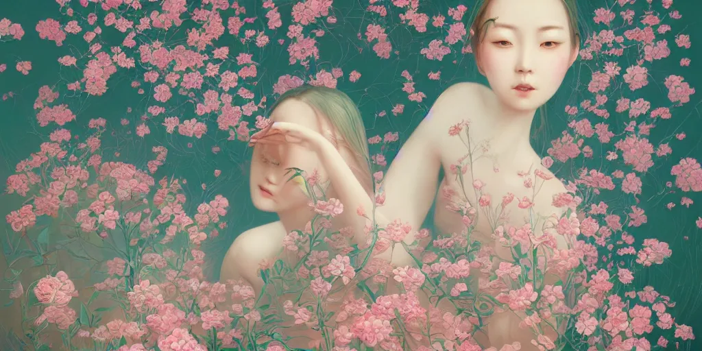 Image similar to breathtaking delicate detailed concept art painting pattern blend of flowers and girls, by hsiao - ron cheng, bizarre compositions, exquisite detail, pastel colors, 8 k