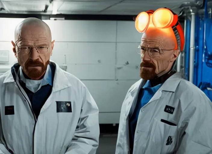 Prompt: film still of Walter White !!!with hair on his head!!! as Gordan Freeman in an underground lab facility wearing a black HEV suit with an orange lambda logo in front with a glowing blue portal in the background in the Half Life Movie, 4k