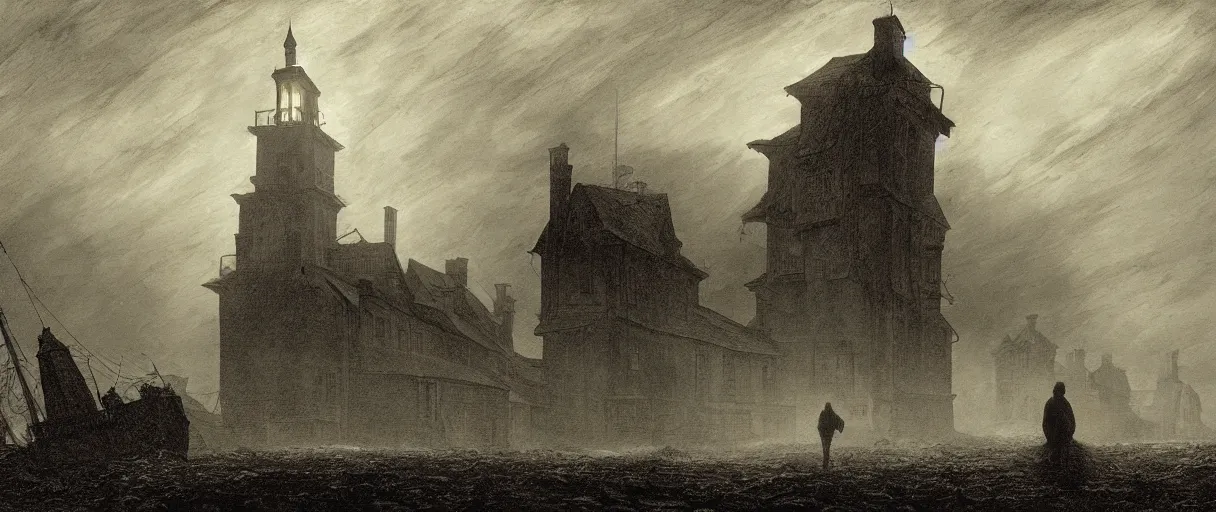 Image similar to an engraving of the shadow over innsmouth, lovecraftian atmosphere, caspar david friedrich, foggy, depth, strong shadows, stormclouds, illuminated focal point, highly detailed