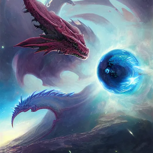 Image similar to Chrystalline blue dragon devouring a planet in space, sun system, nebula, oil painting, by Fernanda Suarez and Edgar Maxence and Greg Rutkowski