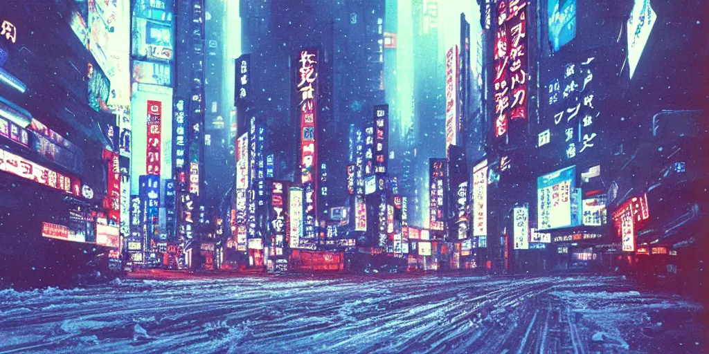 Prompt: autochrome of Neo-Tokyo 20XX winter landscape, sharp focus, cyberpunk city in winter, artwork scan, masterpiece, high quality