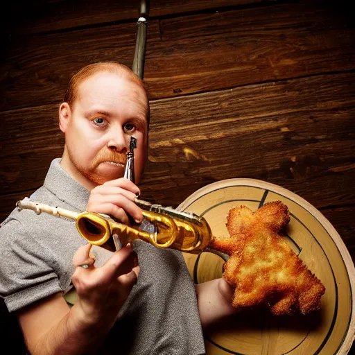 Prompt: photo of a schnitzel holding a flute and drumming with it, drum set, night club, spot light, 50mm, beautiful photo