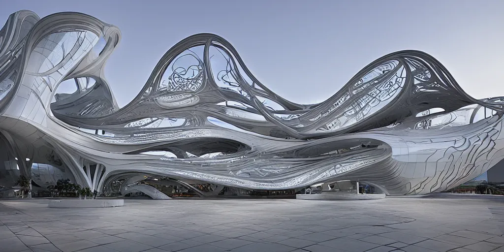 Image similar to extremely detailed ornate stunning beautiful elegant futuristic museum exterior by Zaha Hadid