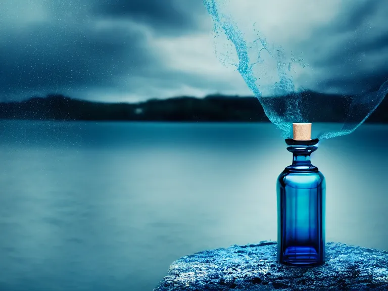 Image similar to perfume bottle standing on lilpadss in a deep blue pond ; 4 style of nicholas fols, 2 0 0 mm, mute dramatic colours, soft blur outdoor stormy sea background, volumetric lighting, hyperrealistic