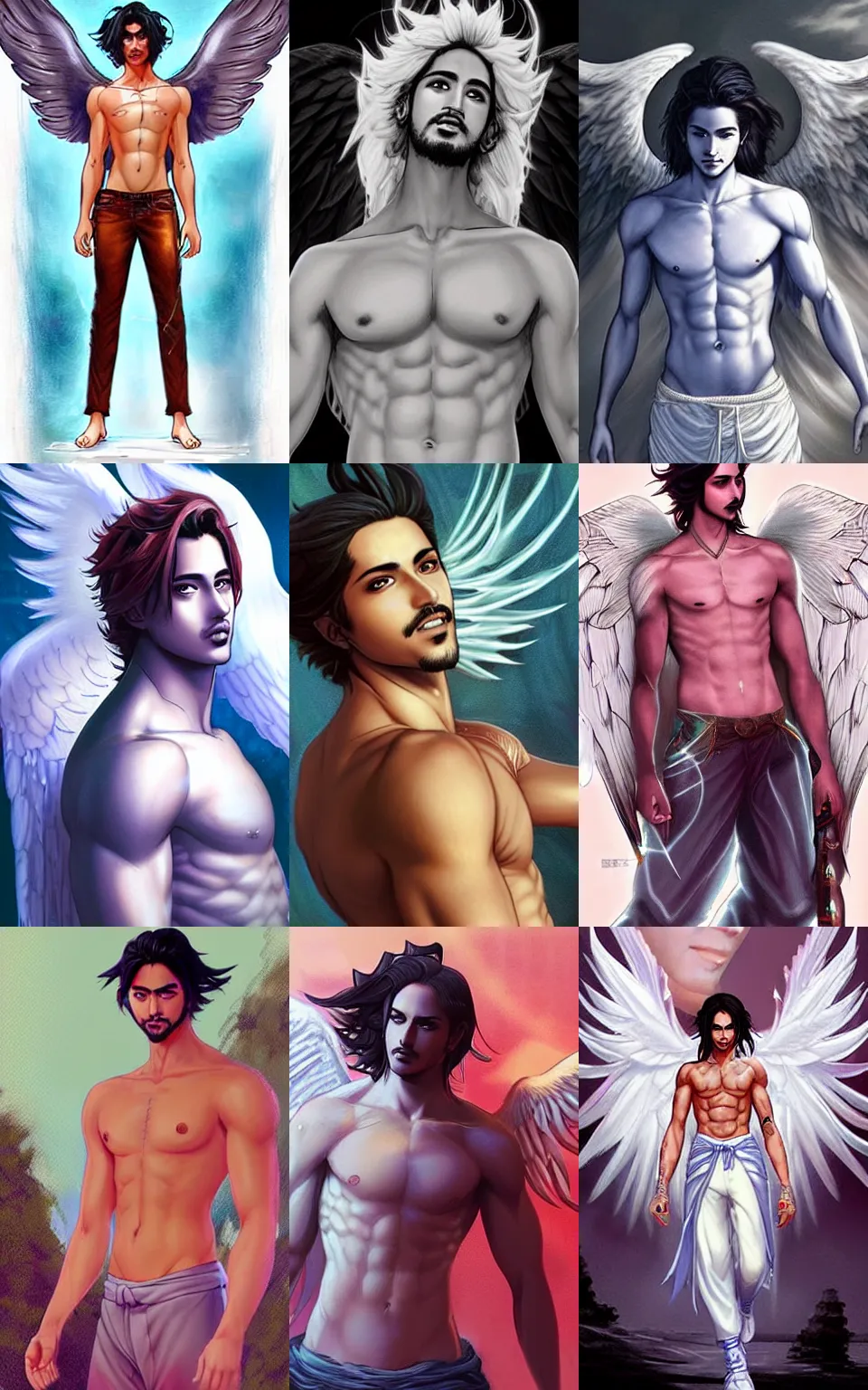 Prompt: Avan Jogia as an angel prince. Large feathered wings, shirtless, sweatpants. Character design by charlie bowater, ross tran, artgerm, and makoto shinkai, detailed, inked, western comic book art, 2021 award winning painting