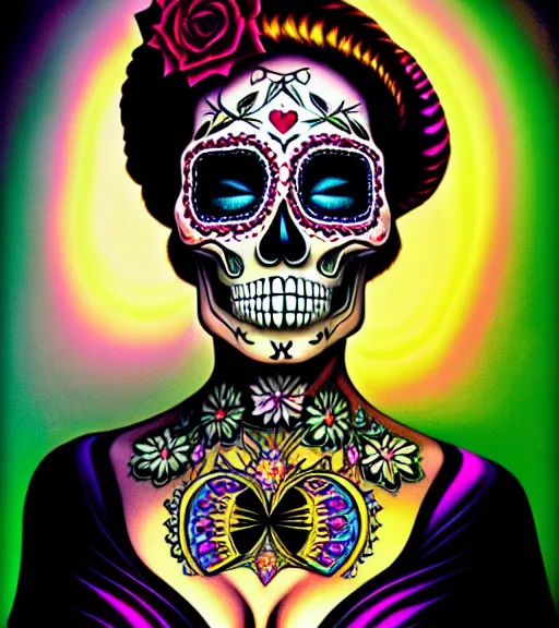 Prompt: a gorgeous fancy skull lady by dan mumford and gil elvgren, sugar skull, hyperrealism, intricate details, exceptional beauty, fool, high contrast, high fashion