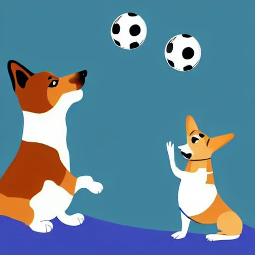 Image similar to illustration of french boy in paris playing football against a corgi, the dog is wearing a polka dot scarf