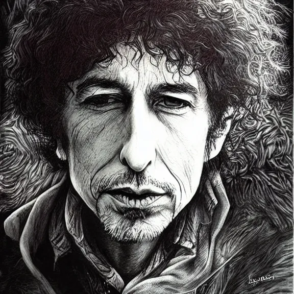 Image similar to a highly detailed portrait of bob dylan in the style of luis royo.