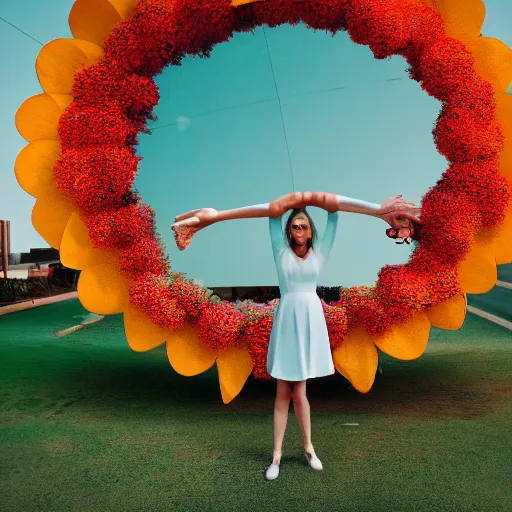 Image similar to giant flower head, frontal, girl standing in mid century hotel, surreal, symmetry, bright colors, cinematic, wes anderson