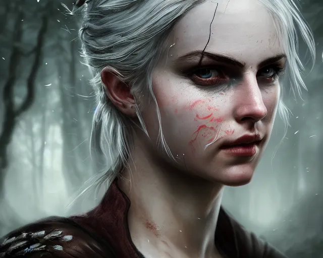 Prompt: 5 5 mm portrait photo of a real life ciri with a long face scar across her left cheek, in a magical forest. dark atmosphere. art by greg rutkowski. highly detailed 8 k. intricate. lifelike. soft light. nikon d 8 5 0.