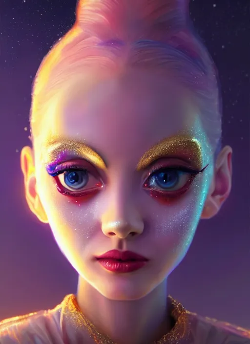 Image similar to pixar portrait 8 k photo, beautiful shiny white rich galactic prima ballerina clowncore russian cyborg college girl, golden ratio details, sci - fi, fantasy, cyberpunk, intricate, decadent, highly detailed, digital painting, ever after high, octane render, artstation, concept art, smooth, sharp focus, illustration, art by artgerm, loish, wlop