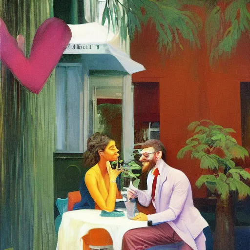 Image similar to an excited couple redefining love in a caffe surrounded by plants, oil on canvas by Francis Bacon and Edward Hopper, bruce pennington, James Gilleard, artstation