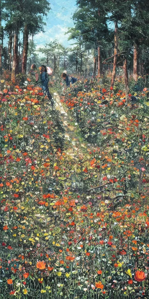 Image similar to oil painting scene from flower fields in the forest by kim jung gi