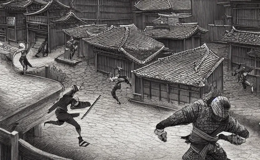 Image similar to highly detailed, high contrast digital illustration of ninja shinobi running parkour, in the in old, japanese village from sengoku period, cinematic lighting, raytracing, volumetric lighting