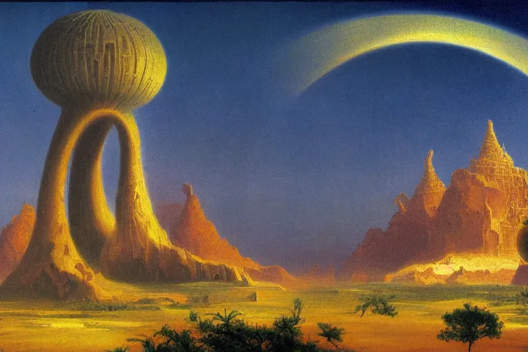 Image similar to cosmic convergence landscape in the style of dr. seuss, tower of babylon, painting by albert bierstadt