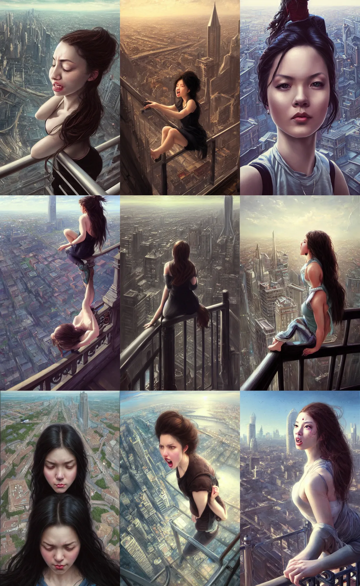 Prompt: high angle selfie of woman sitting on a railing her eyes wide with fear her lips parted about to scream, background is view looking down at a city, digital painting, intricately detailed, highly detailed, artwork by greg rutkowski, artwork by ross tran, artwork by randy vargas, artwork by artgerm, artwork by alex garner, trending on artstation