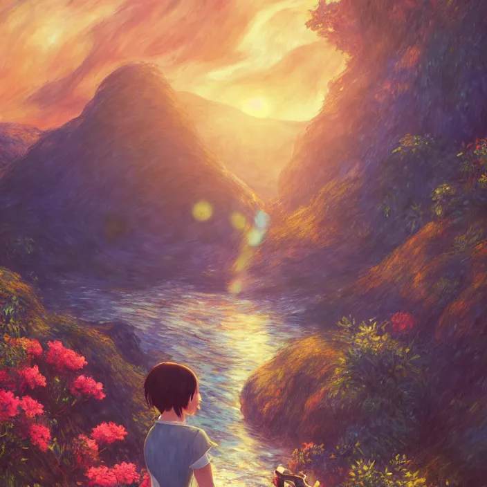 Image similar to an epic makoto shinkai and renoir landscape with a beautiful brown haired woman playing a guitar in front of hawaiian waterfall, golden hour, 🌺, ultra smooth, lois van baarle, ilya kuvshinov, unreal engine, blender, trending on artstation, suntur, caleb worcester, highly detailed, photorealism, bloom effect 8 k