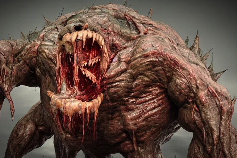 Prompt: a giant disgusting behemoth made of muscles and flesh, very angry, teeth, ambient light, terror, glows, realistic, photo-realism, hyper realism, picture, detailed, 3D render, scary, distant shot, in the distance,