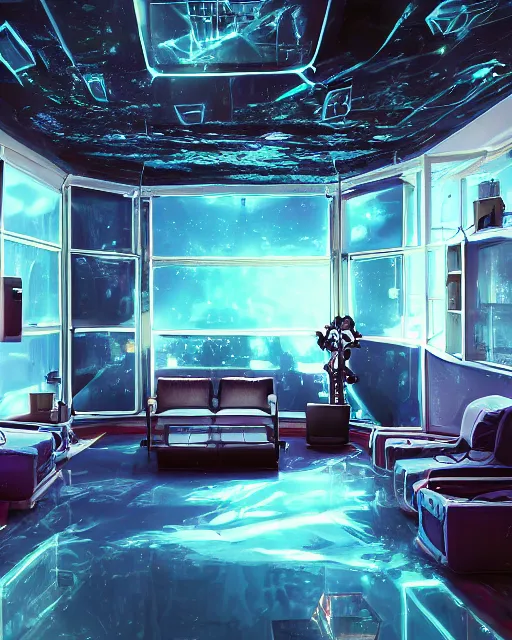 Prompt: artstation scifi scene of a safe room as ikea ad, lounge furniture, sky mural on the room ceiling, holographic glitchart walls, windows, large terrarium, paneled walls, unreal engine 5, hyper realism, realistic shading, cinematic composition, blender render, octane render, hdr, detailed textures, photorealistic, wide shot